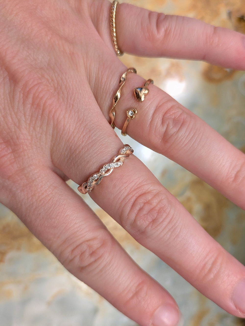 Delicate Gold Tone Stackable Heart & Twist Rings - Picture 2 of 3